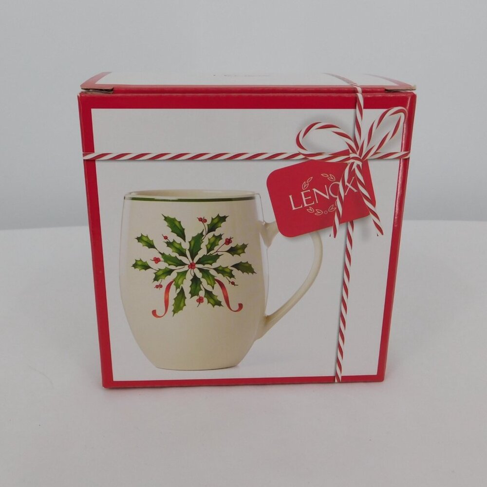 Lenox Holiday 18 oz Cocoa Mug Christmas Holly Motif 4.75" Tall New in Box - Picture 8 of 10